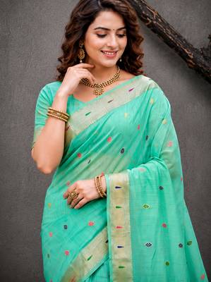 Sangam prints aqua mint green cotton blend woven work traditional saree 3