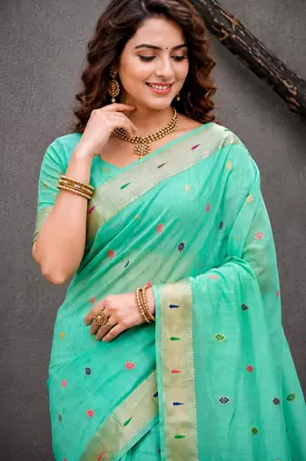 Sangam prints aqua mint green cotton blend woven work traditional saree