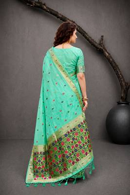 Sangam prints aqua mint green cotton blend woven work traditional saree 4