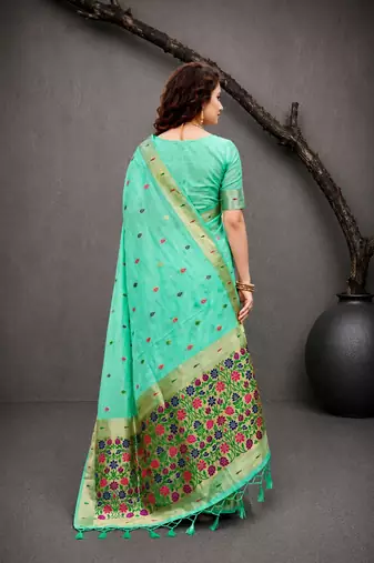 Sangam prints aqua mint green cotton blend woven work traditional saree