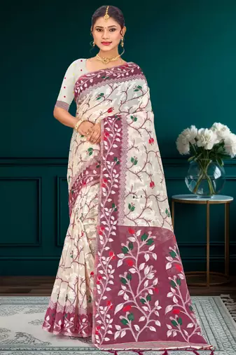 Sangam prints purple cotton blend woven work traditional saree