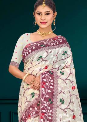 Sangam prints purple cotton blend woven work traditional saree 2