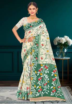 Sangam prints dark green cotton blend woven work traditional saree 1