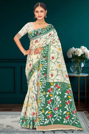 Sangam prints dark green cotton blend woven work traditional saree