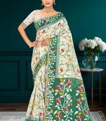Sangam prints dark green cotton blend woven work traditional saree