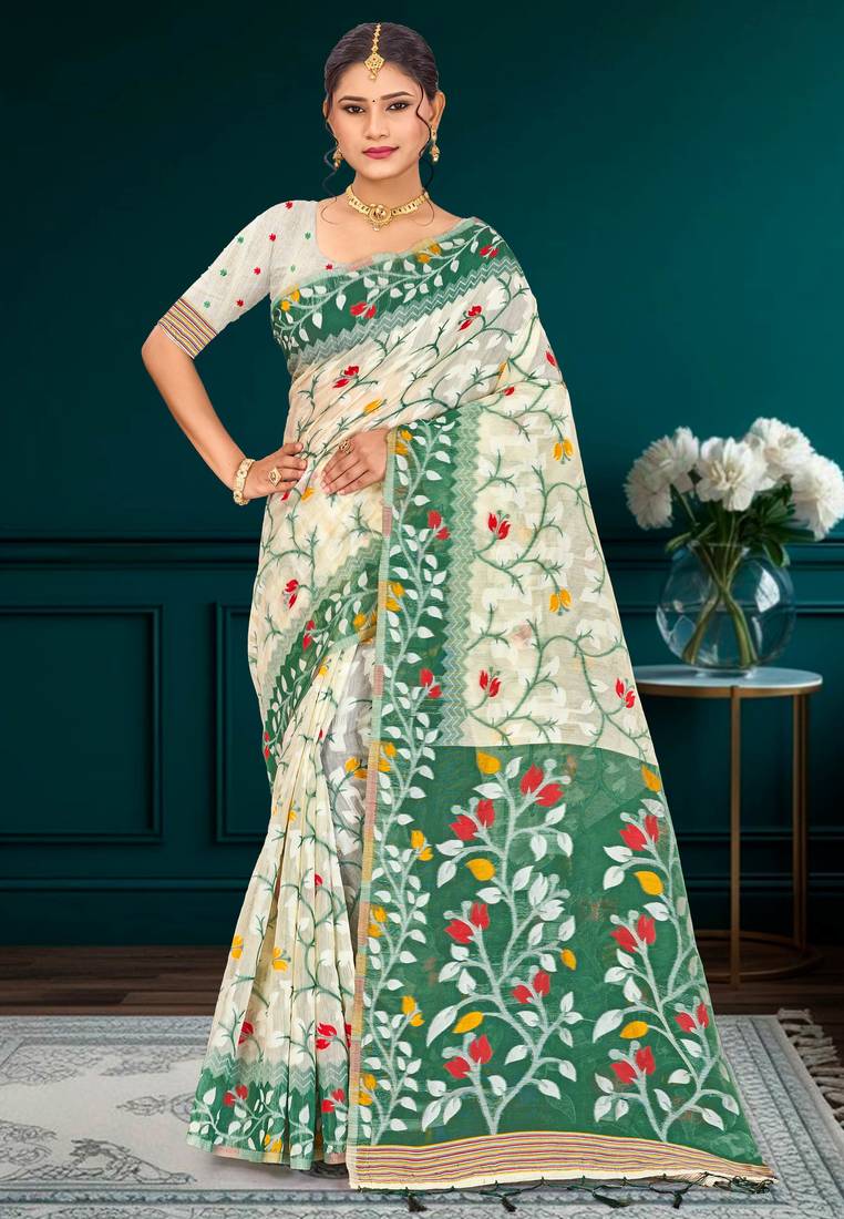 Sangam prints dark green cotton blend woven work traditional saree
