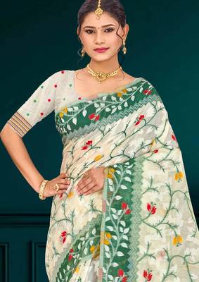 Sangam prints dark green cotton blend woven work traditional saree 2