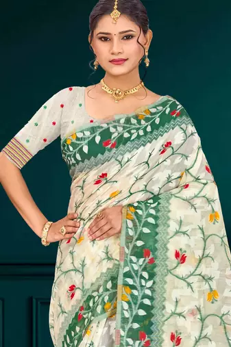 Sangam prints dark green cotton blend woven work traditional saree