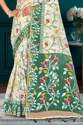 Sangam prints dark green cotton blend woven work traditional saree 3