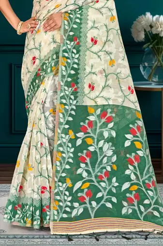 Sangam prints dark green cotton blend woven work traditional saree