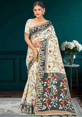 Sangam prints gray cotton blend woven work traditional saree 1