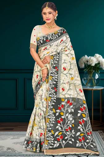 Sangam prints gray cotton blend woven work traditional saree
