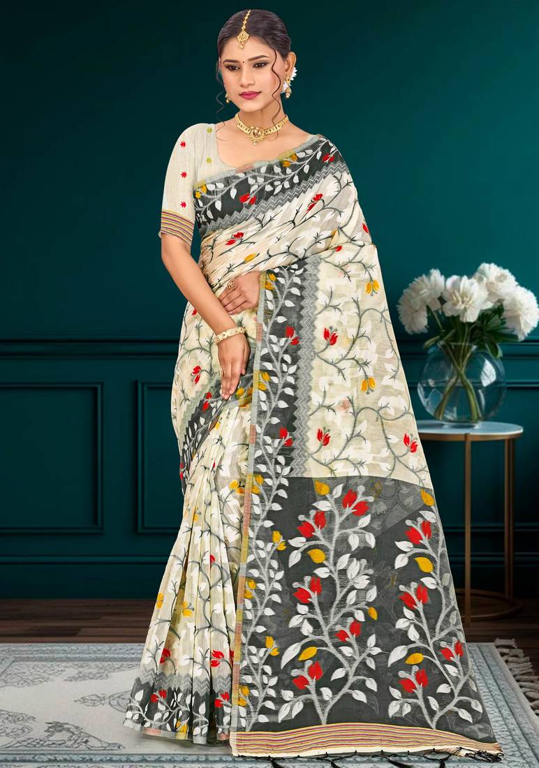 Sangam prints gray cotton blend woven work traditional saree