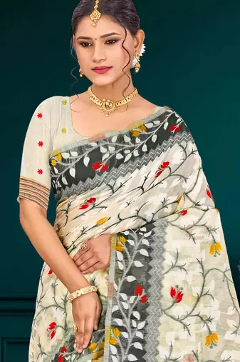 Sangam prints gray cotton blend woven work traditional saree