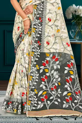 Sangam prints gray cotton blend woven work traditional saree