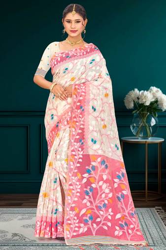 Sangam prints pink cotton blend woven work traditional saree