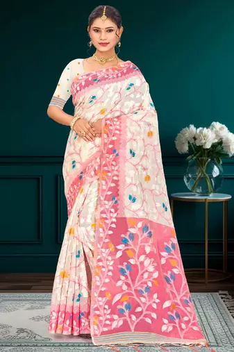 Sangam prints pink cotton blend woven work traditional saree
