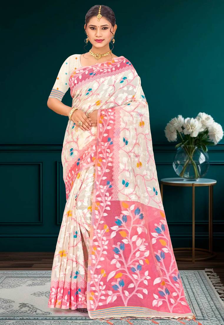 Sangam prints pink cotton blend woven work traditional saree