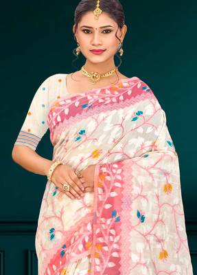 Sangam prints pink cotton blend woven work traditional saree 2