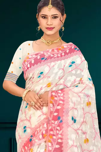 Sangam prints pink cotton blend woven work traditional saree