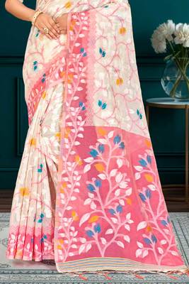 Sangam prints pink cotton blend woven work traditional saree 3
