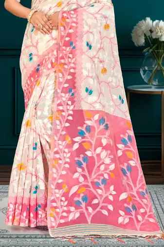 Sangam prints pink cotton blend woven work traditional saree