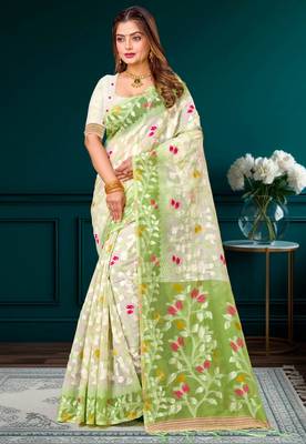 Sangam prints green cotton blend woven work traditional saree 1