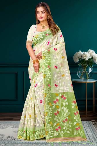 Sangam prints green cotton blend woven work traditional saree