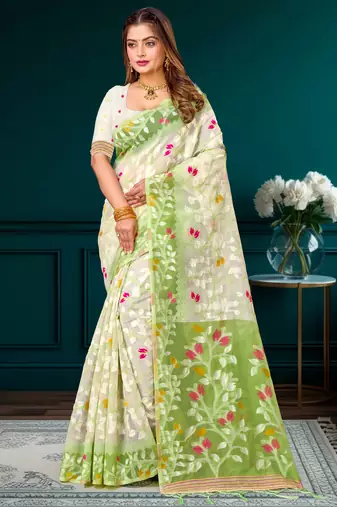 Sangam prints green cotton blend woven work traditional saree