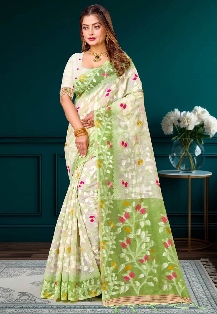 Sangam prints green cotton blend woven work traditional saree