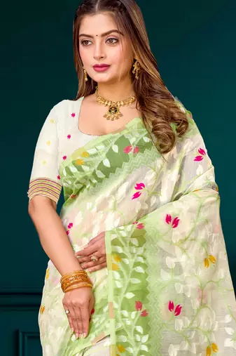 Sangam prints green cotton blend woven work traditional saree