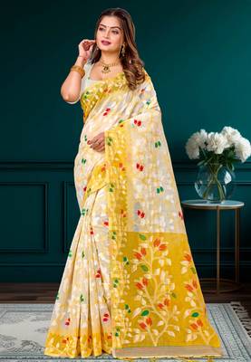 Sangam prints yellow cotton blend woven work traditional saree 1