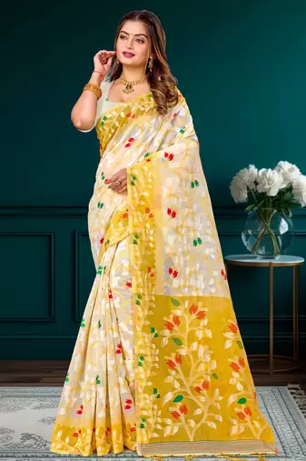Sangam prints yellow cotton blend woven work traditional saree