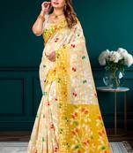 Sangam prints yellow cotton blend woven work traditional saree