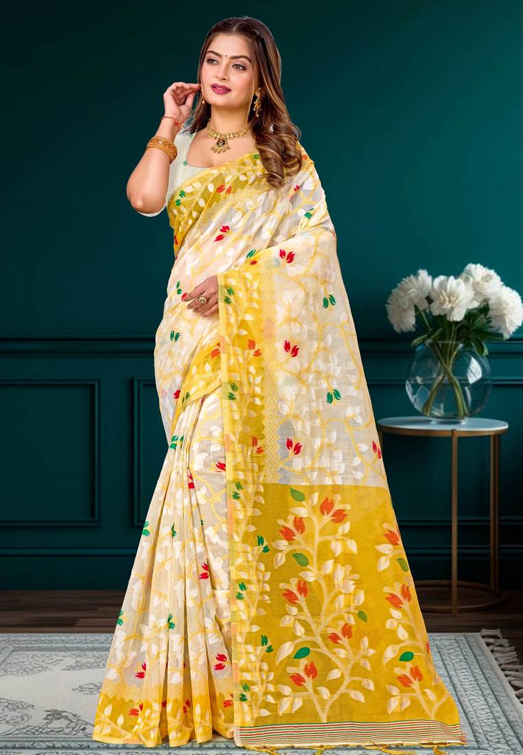 Sangam prints yellow cotton blend woven work traditional saree