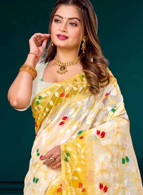 Sangam prints yellow cotton blend woven work traditional saree 2