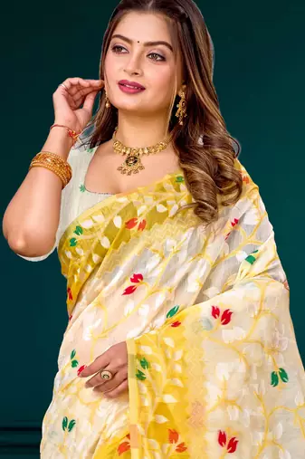 Sangam prints yellow cotton blend woven work traditional saree