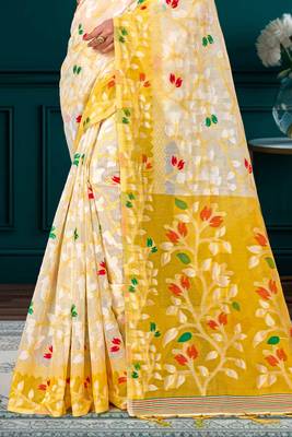 Sangam prints yellow cotton blend woven work traditional saree 3