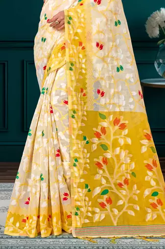 Sangam prints yellow cotton blend woven work traditional saree