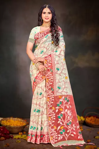 Sangam prints red cotton blend woven work traditional saree