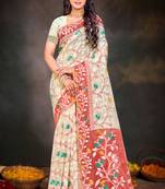 Sangam prints red cotton blend woven work traditional saree
