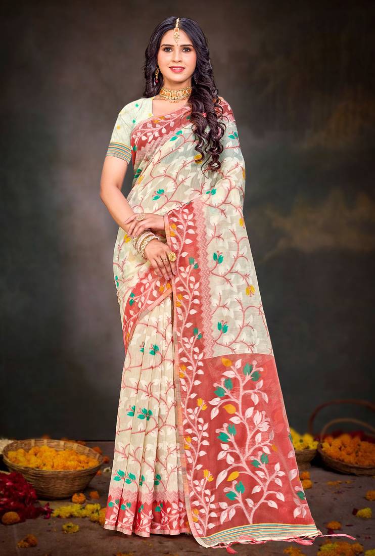 Sangam prints red cotton blend woven work traditional saree