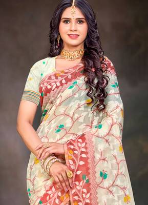 Sangam prints red cotton blend woven work traditional saree 2