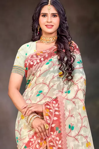 Sangam prints red cotton blend woven work traditional saree