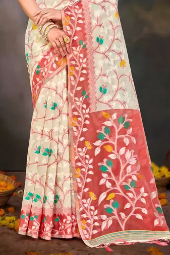Sangam prints red cotton blend woven work traditional saree