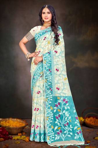 Sangam prints sea green cotton blend woven work traditional saree