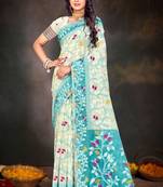 Sangam prints sea green cotton blend woven work traditional saree