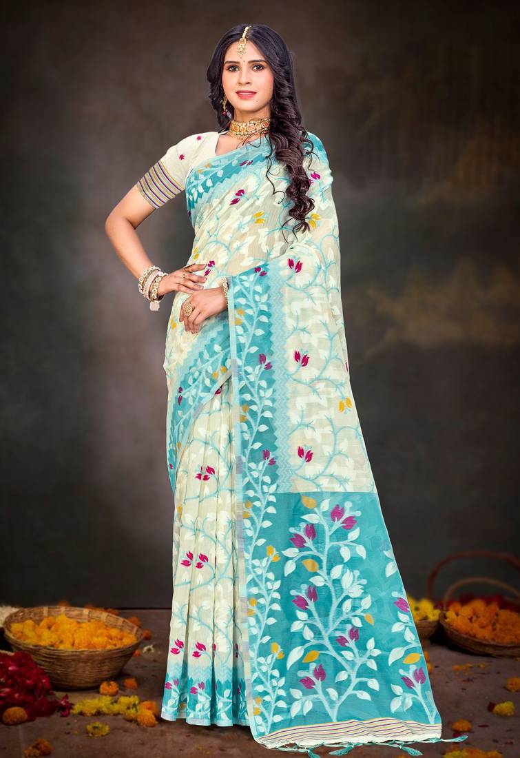 Sangam prints sea green cotton blend woven work traditional saree