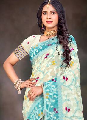 Sangam prints sea green cotton blend woven work traditional saree 2