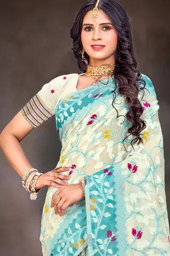 Sangam prints sea green cotton blend woven work traditional saree